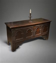 A James I oak chest of rare form. A James I oak chest of rare form.